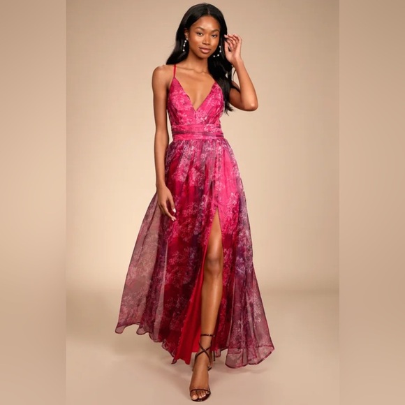 Dresses & Skirts - NWOT Lulu’s Romance That Wows Magenta Floral Print Organza Maxi Dress Size XL